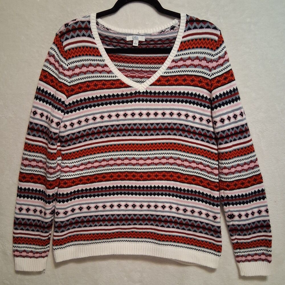 Croft & Barrow L Sweater Red Pink Fair Isle Cotton Blend Cabincore Cozy Nordic